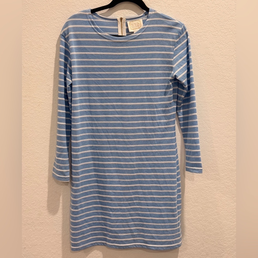 Sail to Sable Light Blue and White Striped Long-Sleeve Shift‎ Dress